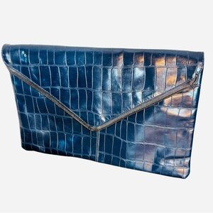 EATON Vintage Blue Leather Croc Embossed Envelope Clutch Purse Two Compartments